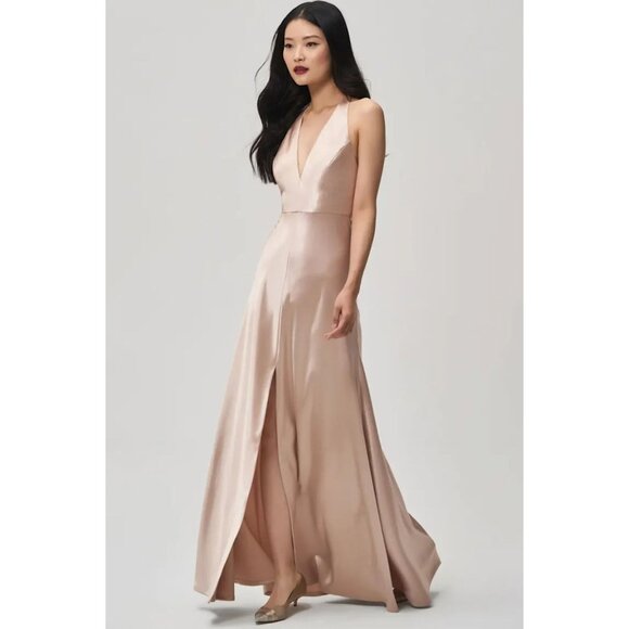 Jenny Yoo Corinne Satin Crepe Dress Halter Maxi Bridesmaid Wedding Petal 4 - Picture 2 of 15